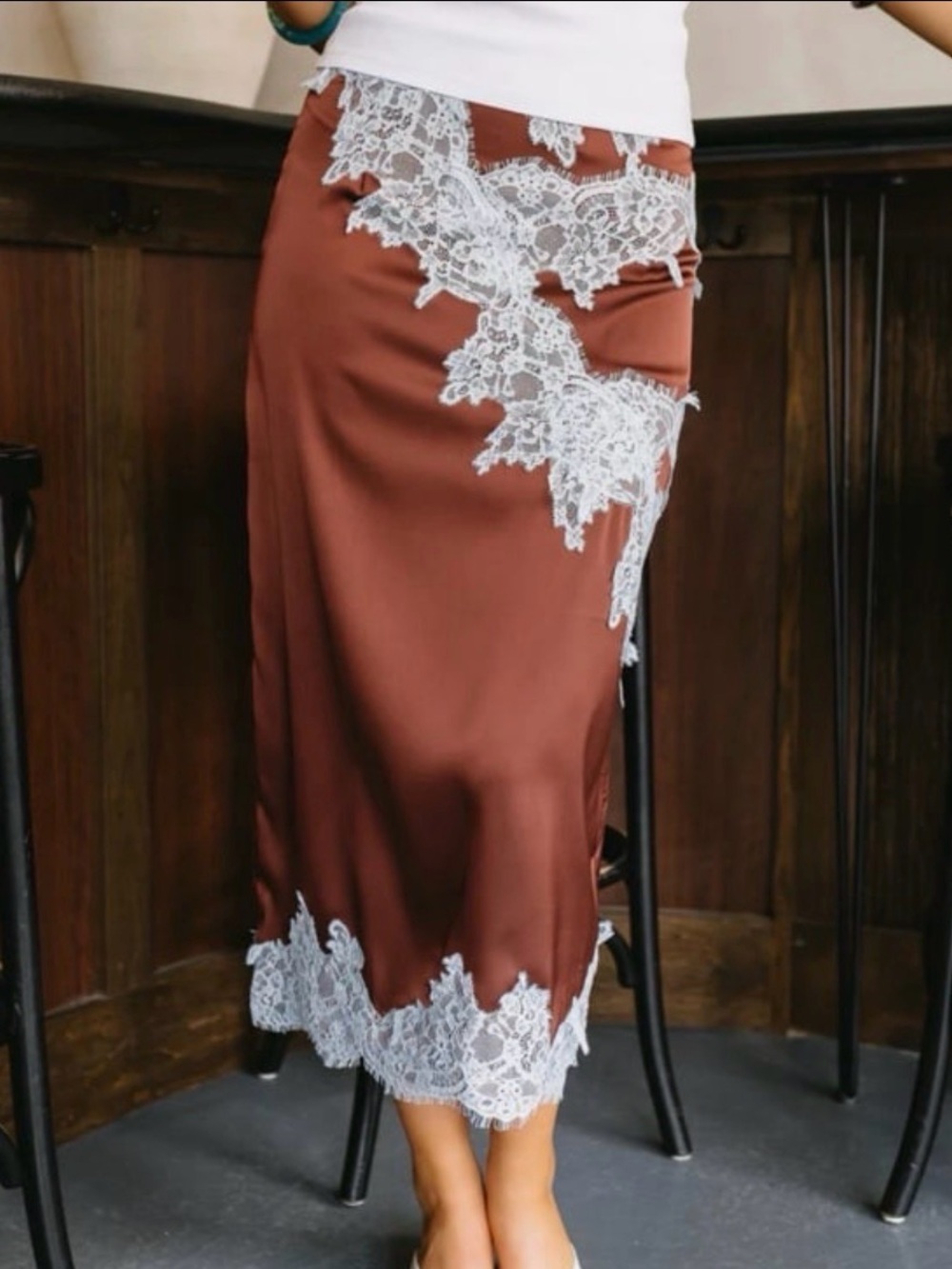 Vestique Brown and Blue Lace-Trim Midi Skirt